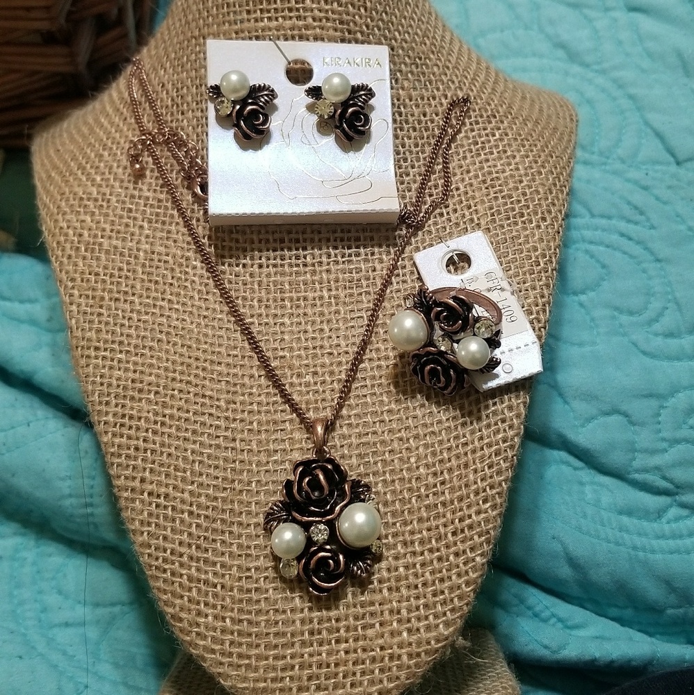 Antique copper roses and pearls set